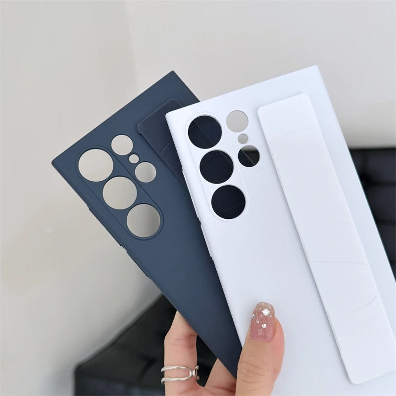 Handheld Silicone Elastic Wrist Strap Hard PC Phone Case For Samsung Galaxy S25 S24 S23 Ultra Plus Matte Clear Shockproof Cover