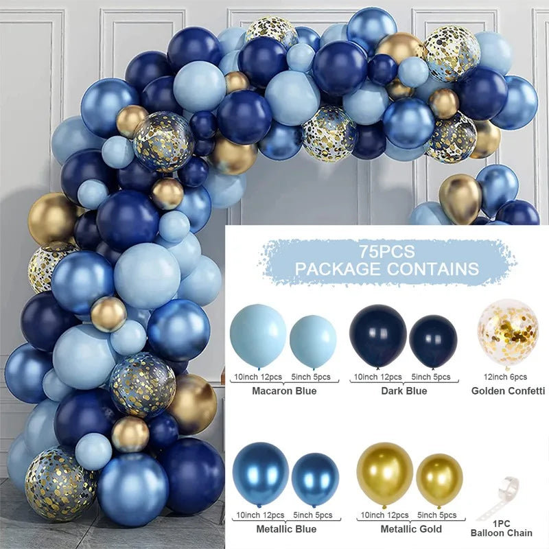 Blue Metallic Balloons Garland Kit Gold Confetti Balloon Arch Birthday Party Decoration Kids Wedding Birthday Baby Shower Boy