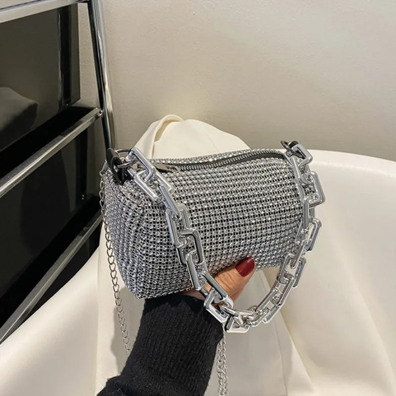 Allover Rhinestone Bucket Bag, Glitter Chain Prom Purse, Women's Mini Crossbody Bag (18cm*13cm*13cm)