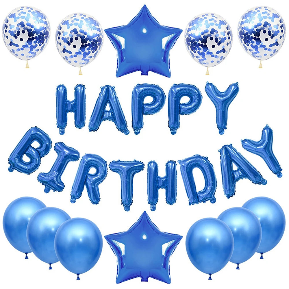 25pcs Balloons Set with Happy Birthday Banner Silver Blue Black Rose Gold Party
