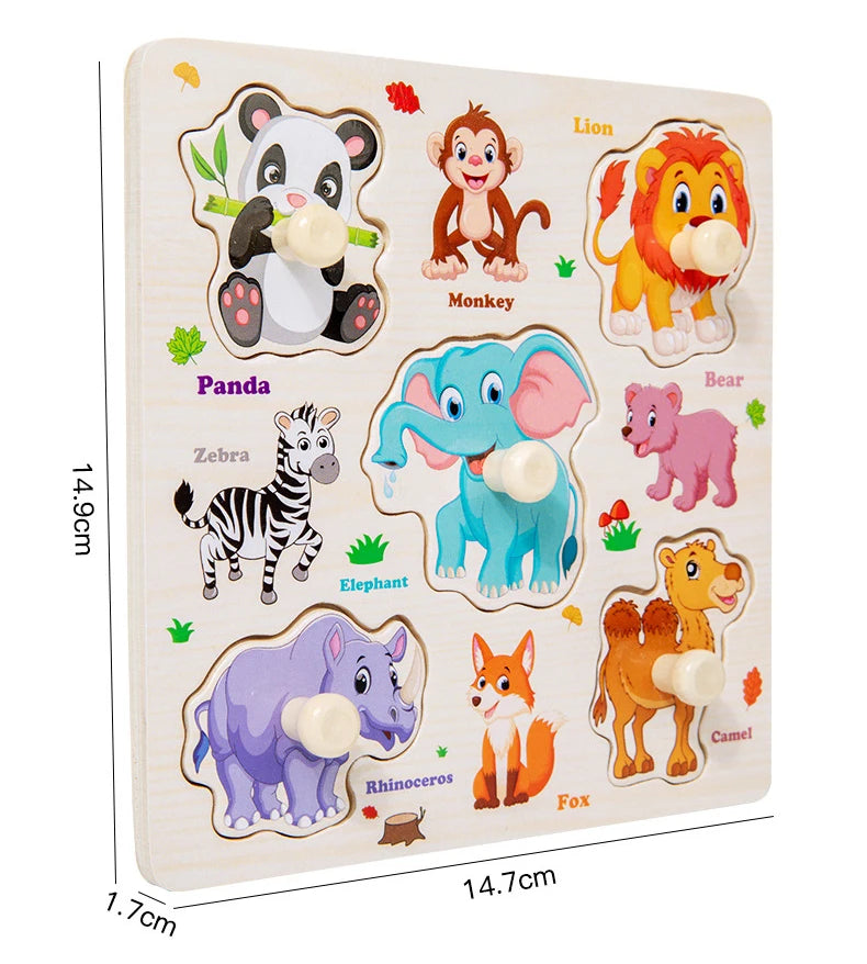 Montessori Wooden Puzzles Cartoon Animal Fruit Hand Grab Board Cognition Jigsaw Puzzle Game Learning Educational Toys For Kids
