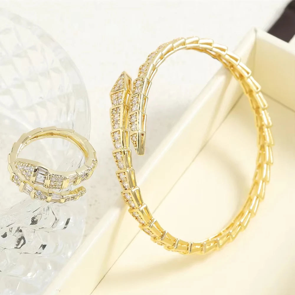 Luxury Shiny AAA Cubic Zirconia Snake Bone Bangles Female Sliver Color Wedding Party Cuff Bracelet for Women Trendy Party Gift