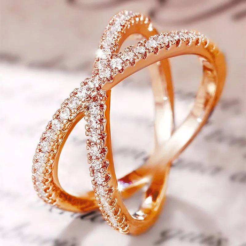 Simple Stylish Cross Shape Cubic Zirconia Rings for Women Fashon Female Finger Accessory Wedding Bands Statement Jewelry