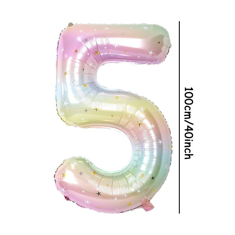 1pc 40inch Pastel Rainbow Number Foil Balloons Star Sky Gradient Digital Balloon Kids Birthday Party Decorations Helium Ball