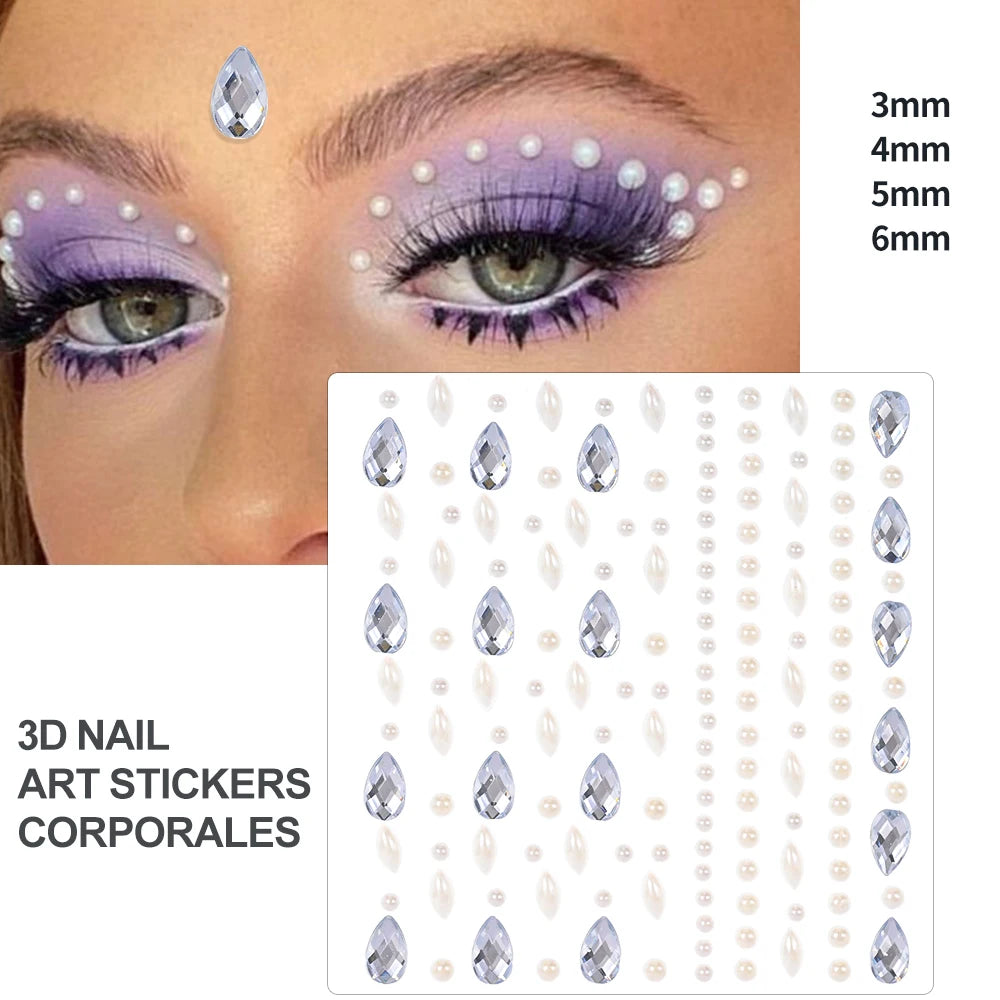 3D Face Eyes Party Makeup Tattoo Sticker Acrylic Diamond Rhinestones Sticker Self-adhesive Mixed Crystal Face Decoration Sticker