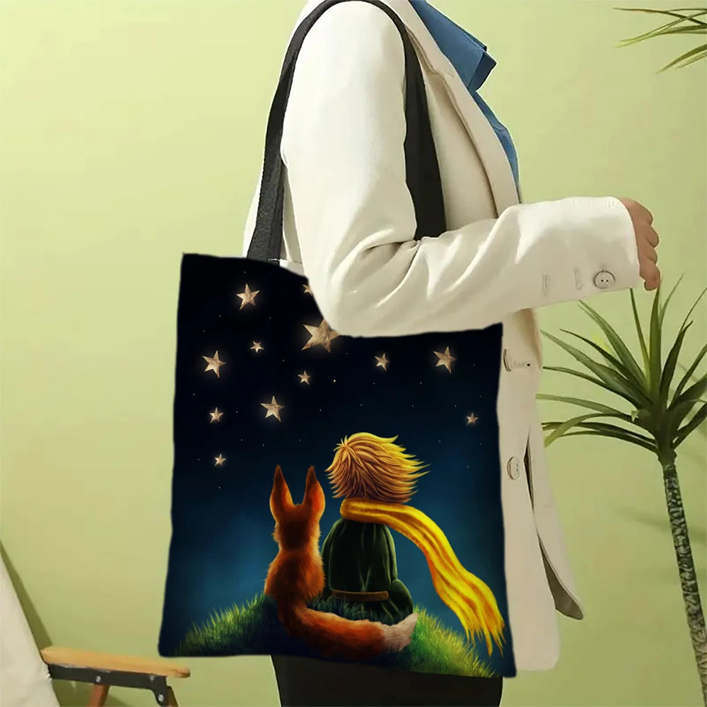 Linen Bag The Little Prince Series Print Lightweight Shoulder Bag Versatile Shopping Bag Holder Handbag