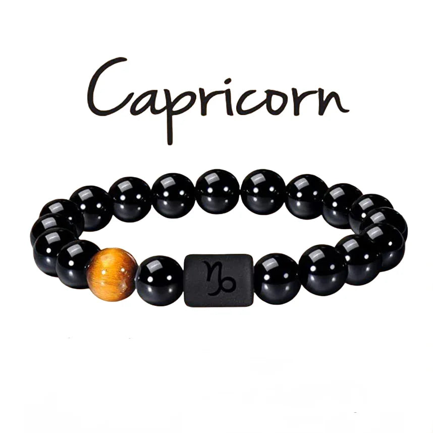 FTCY 10mm Zodiac Yellow Tiger Eye Stone Bracelet for Men Women Black Agate Crystal Elastic Cord Hand Chains Couple’s Jewelry