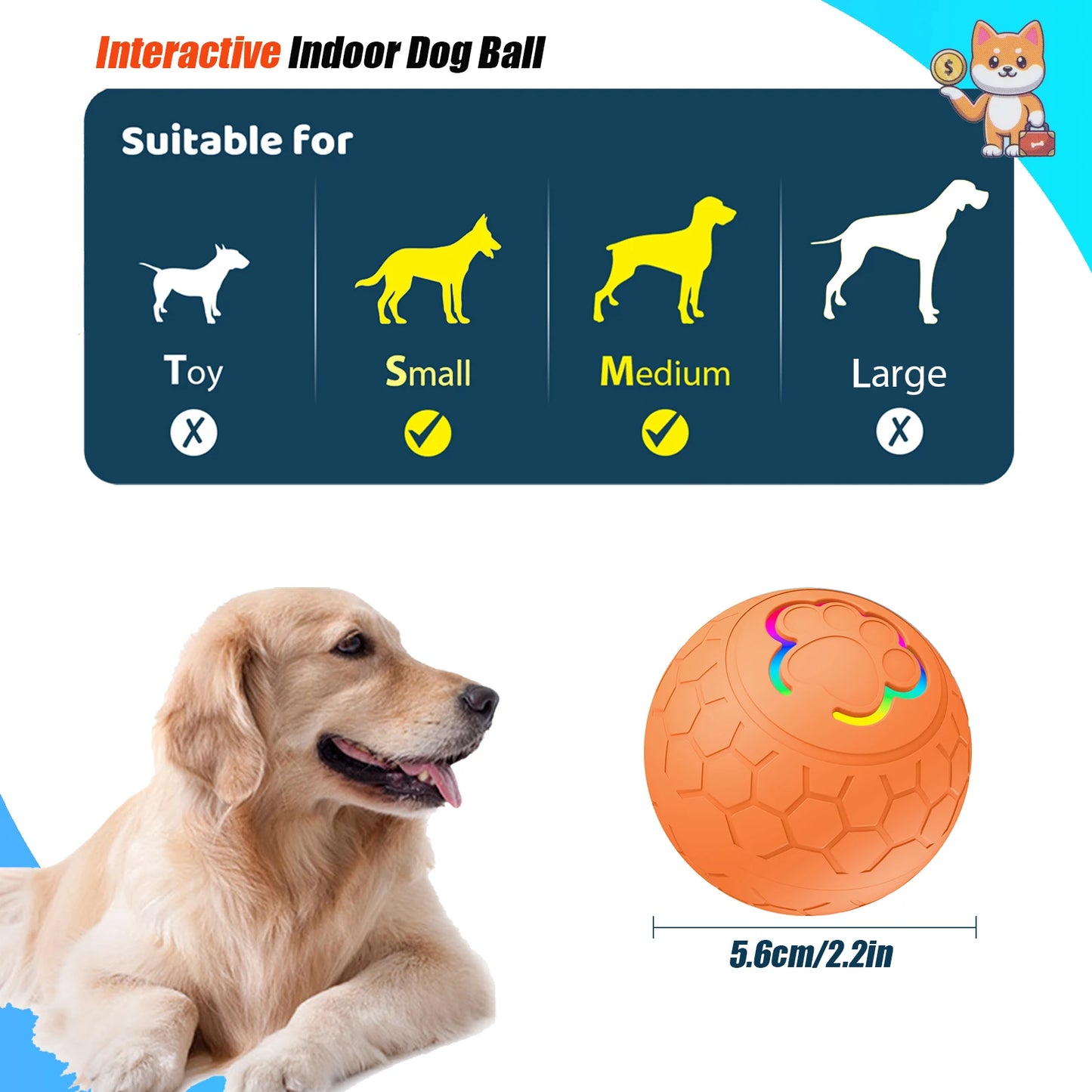 Active Roling Ball for Dogs - 2.2" Sturdy Motion Actived Interactive Dog Ball for Puppy/Small/Medium Dogs, USB Rechargeable Ball