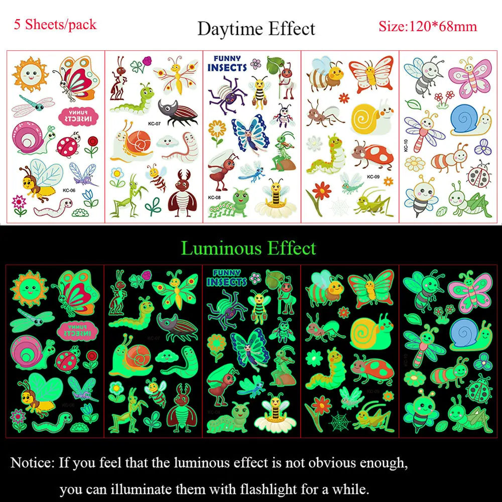 5 Sheets Luminous Tattoo Stickers Temporary Colorful Animal Dinosaur Tattoo Cute Tattoo Stickers Children's Body Tatto