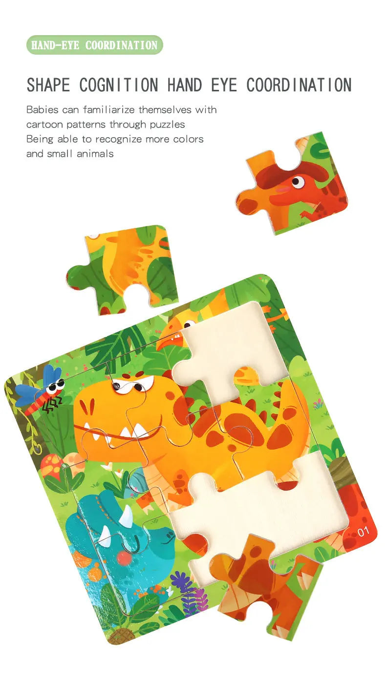 9 Piece Small Wooden Puzzle Cartoon Animal Vehicle 11x11cm Wood 3d Puzzle Montessori Educational Toys For Kids Gifts
