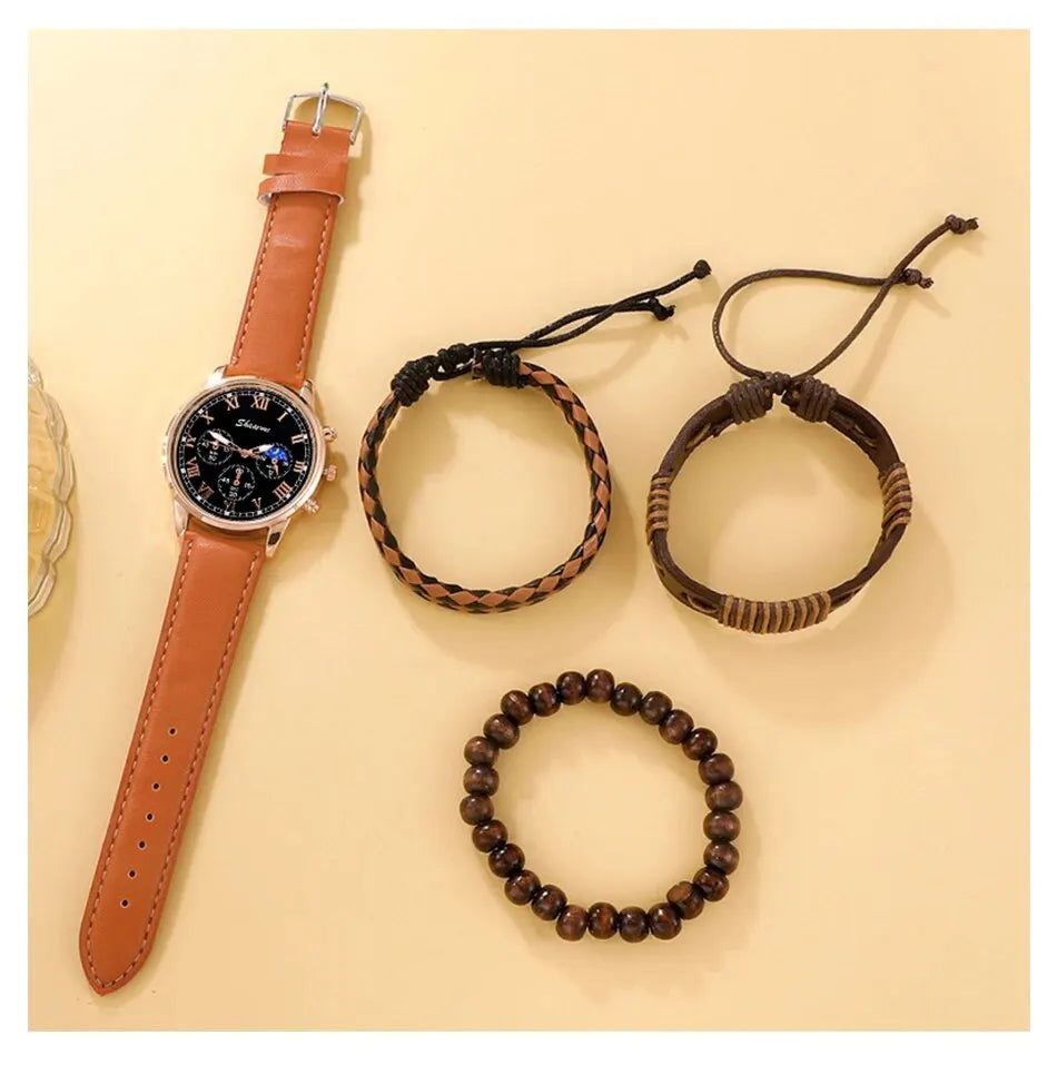 Fashion Mens Sports Watches Man Business Quartz Wristwatch Luxury Brown Leather Bracelet Men Casual Luminous Clock Watch