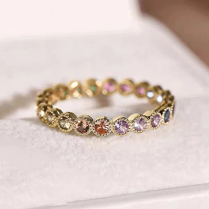 Colorful Rainbow Cubic Zircon Promise Rings for Women Gold Color Luxury Trendy Wedding Accessories Statement Girl Jewelry