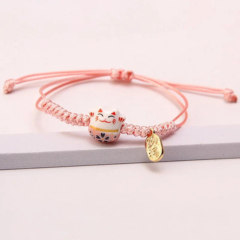 Simple Ceramic Lucky Cat Braided Bracelet for Women Cute Animal Kitten Hand-woven Adjustable Bangles Party Harajuku Jewelry Gift