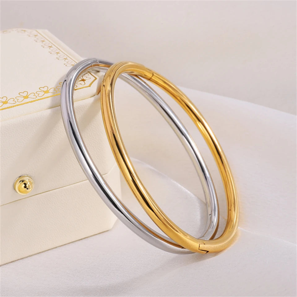 Yupsk Glossy Gold Color Stainless Steel Cuff Bangle for Women Smooth Thin Cylinder Bracelet Exquisite Waterproof Jewelry Gift