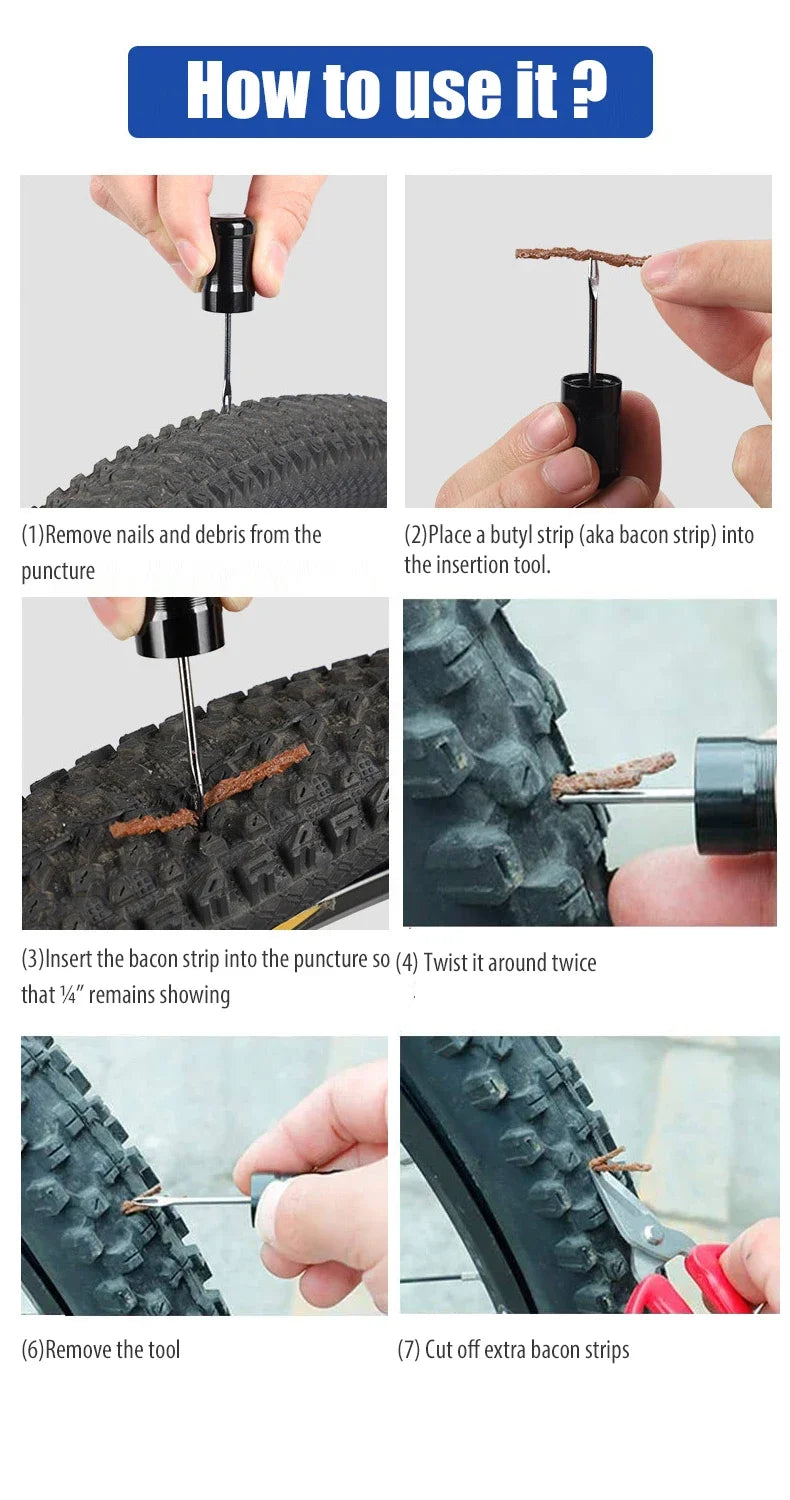 Bicycle Tire Puncture Repair Tool Kit Mini Bike Tubeless Tire Repair Tools MTB Tyre Repairing Rubber Strips Cycling Accessories