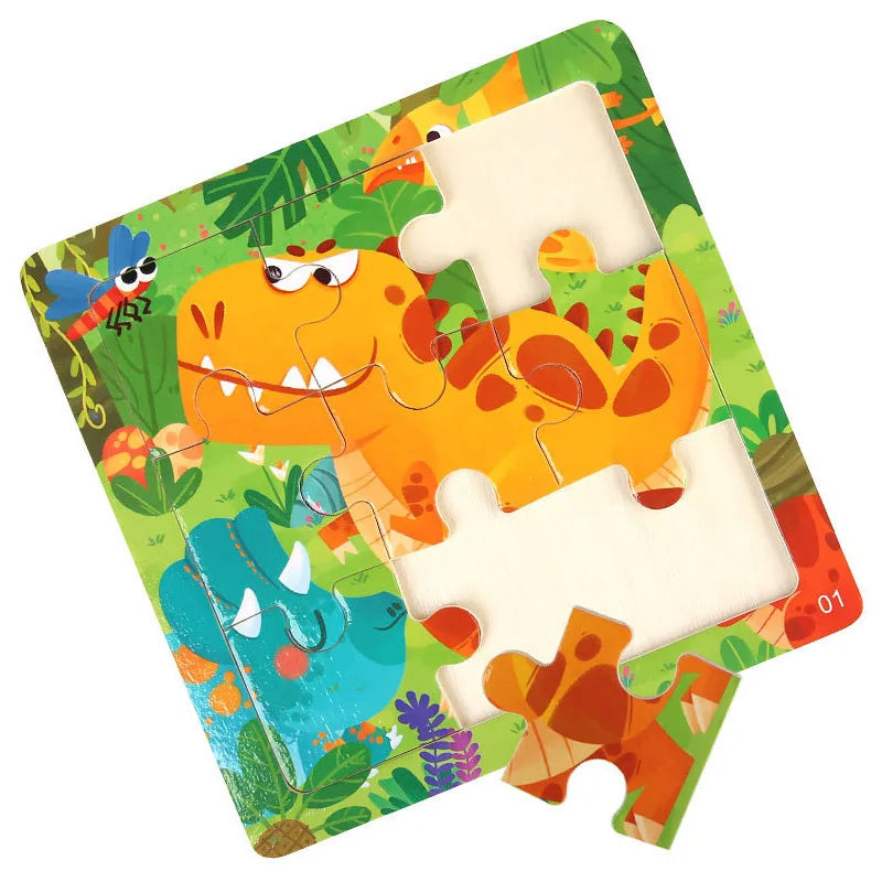 9 Piece Small Wooden Puzzle Cartoon Animal Vehicle 11x11cm Wood 3d Puzzle Montessori Educational Toys For Kids Gifts