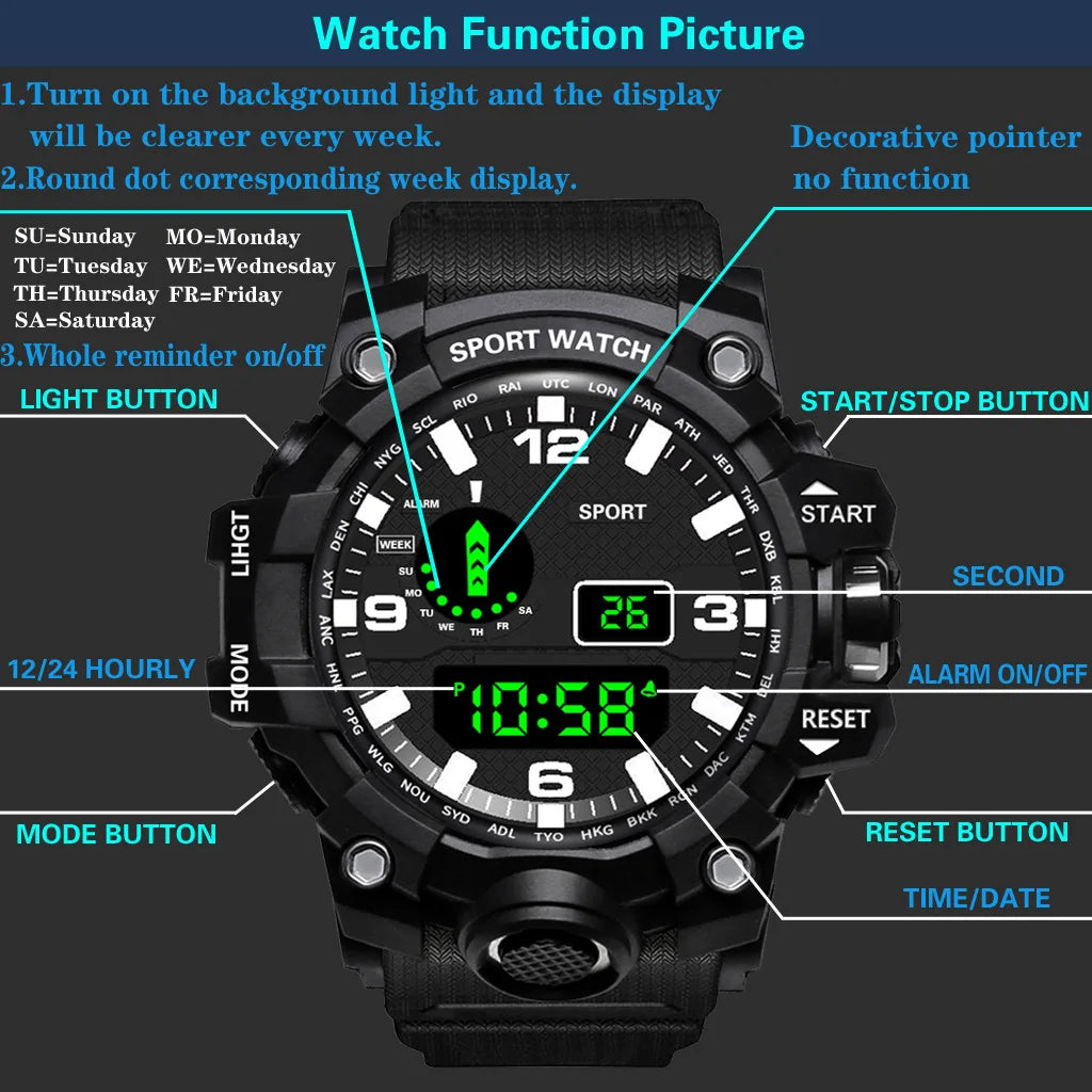 YIKAZE Sports Watch Men's LED Digital Watches Multifunction Military Waterproof Fitness Electronic Watch For Man