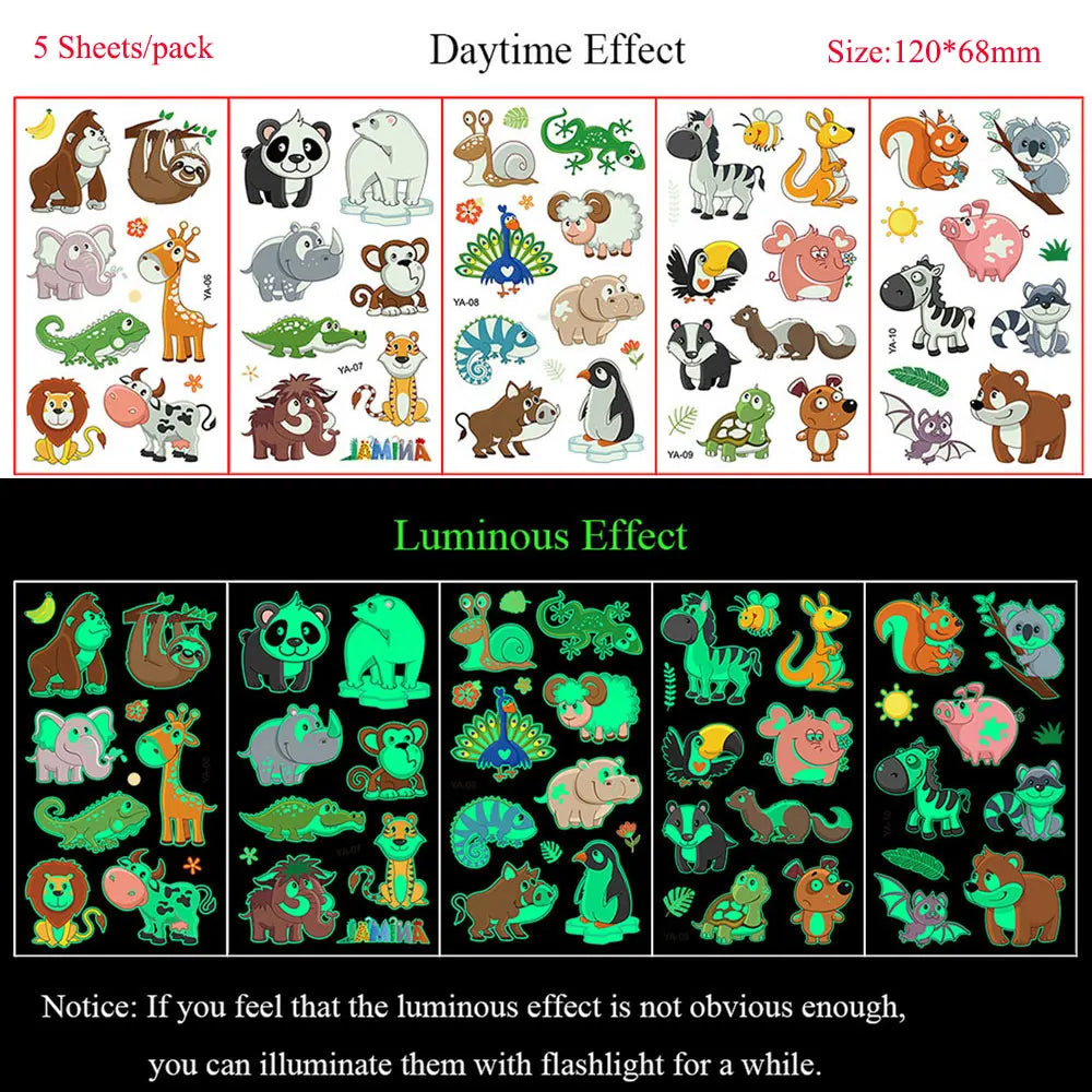 5 Sheets Luminous Tattoo Stickers Temporary Colorful Animal Dinosaur Tattoo Cute Tattoo Stickers Children's Body Tatto