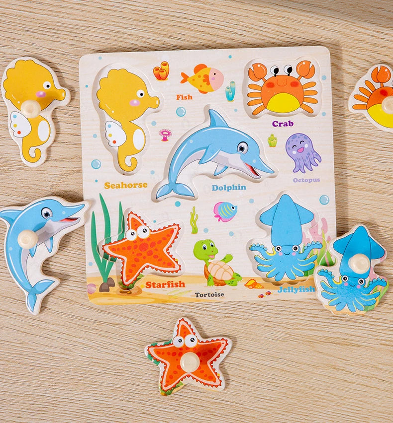 Montessori Wooden Puzzles Cartoon Animal Fruit Hand Grab Board Cognition Jigsaw Puzzle Game Learning Educational Toys For Kids