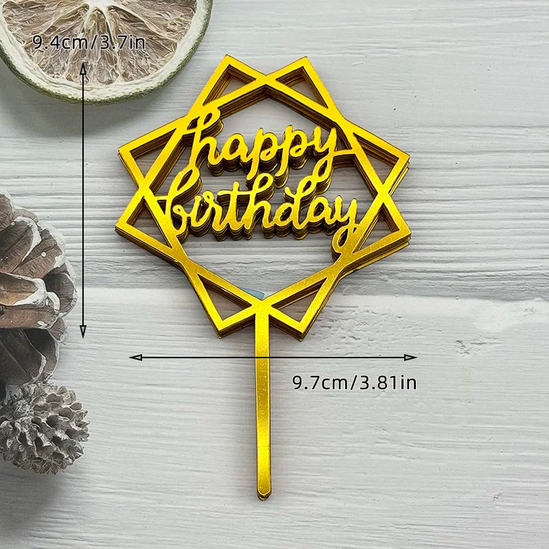 10Pcs Acrylic Happy Birthday Cake Topper Black Gold Silver Designs Cake Decorations for Kids, Men, Women & Baby Showers