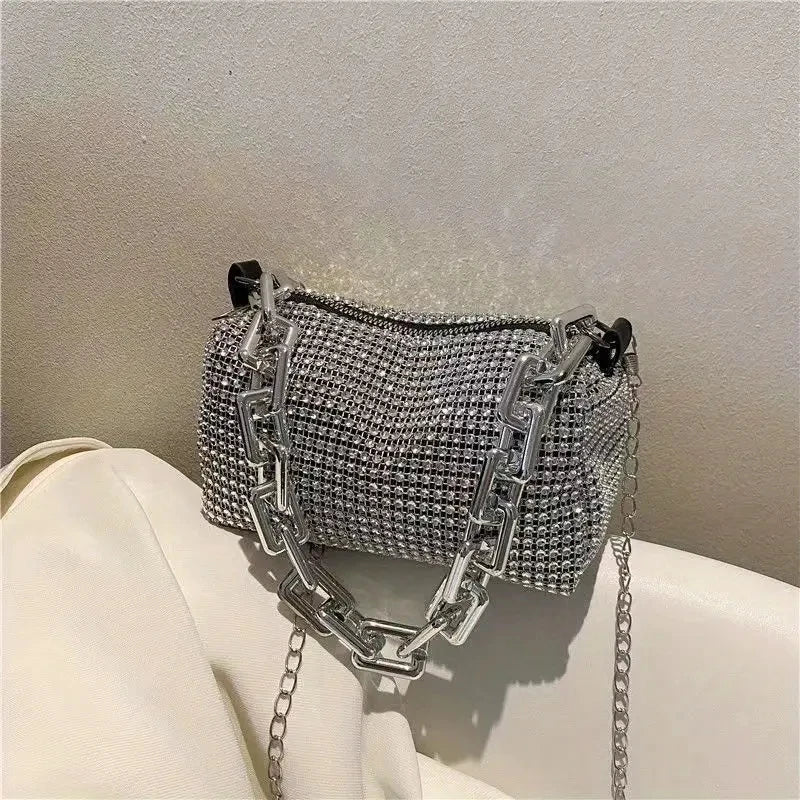 Allover Rhinestone Bucket Bag, Glitter Chain Prom Purse, Women's Mini Crossbody Bag (18cm*13cm*13cm)