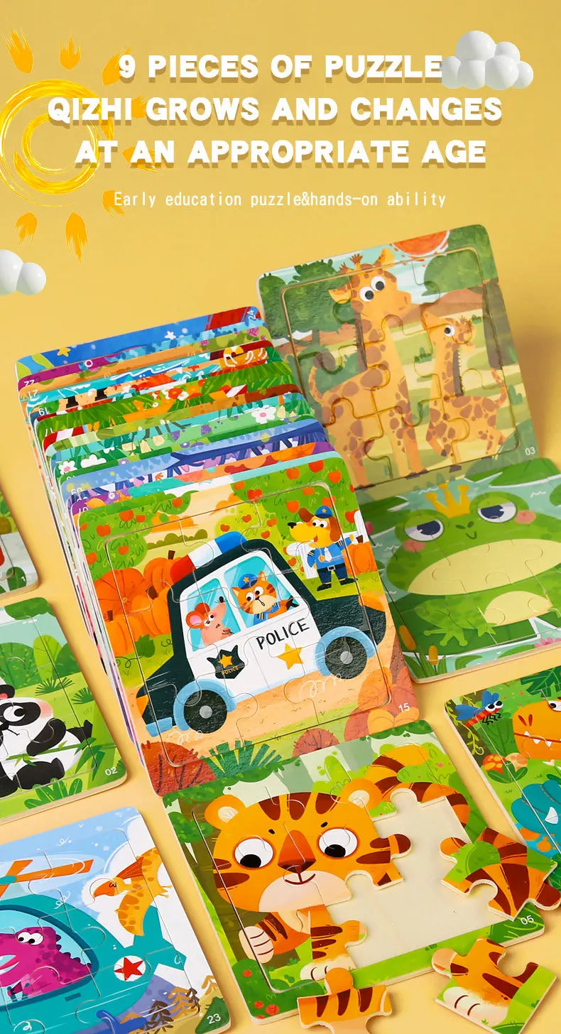 9 Piece Small Wooden Puzzle Cartoon Animal Vehicle 11x11cm Wood 3d Puzzle Montessori Educational Toys For Kids Gifts