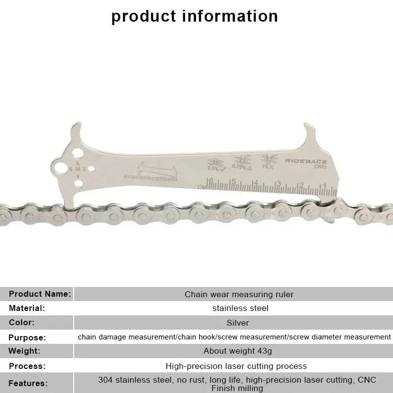 Bicycle Chain Wear Indicator Ruler Repair Tool Stainless Steel Mountain Road Bike Chain Gauge Measurement Checker Screw Diameter
