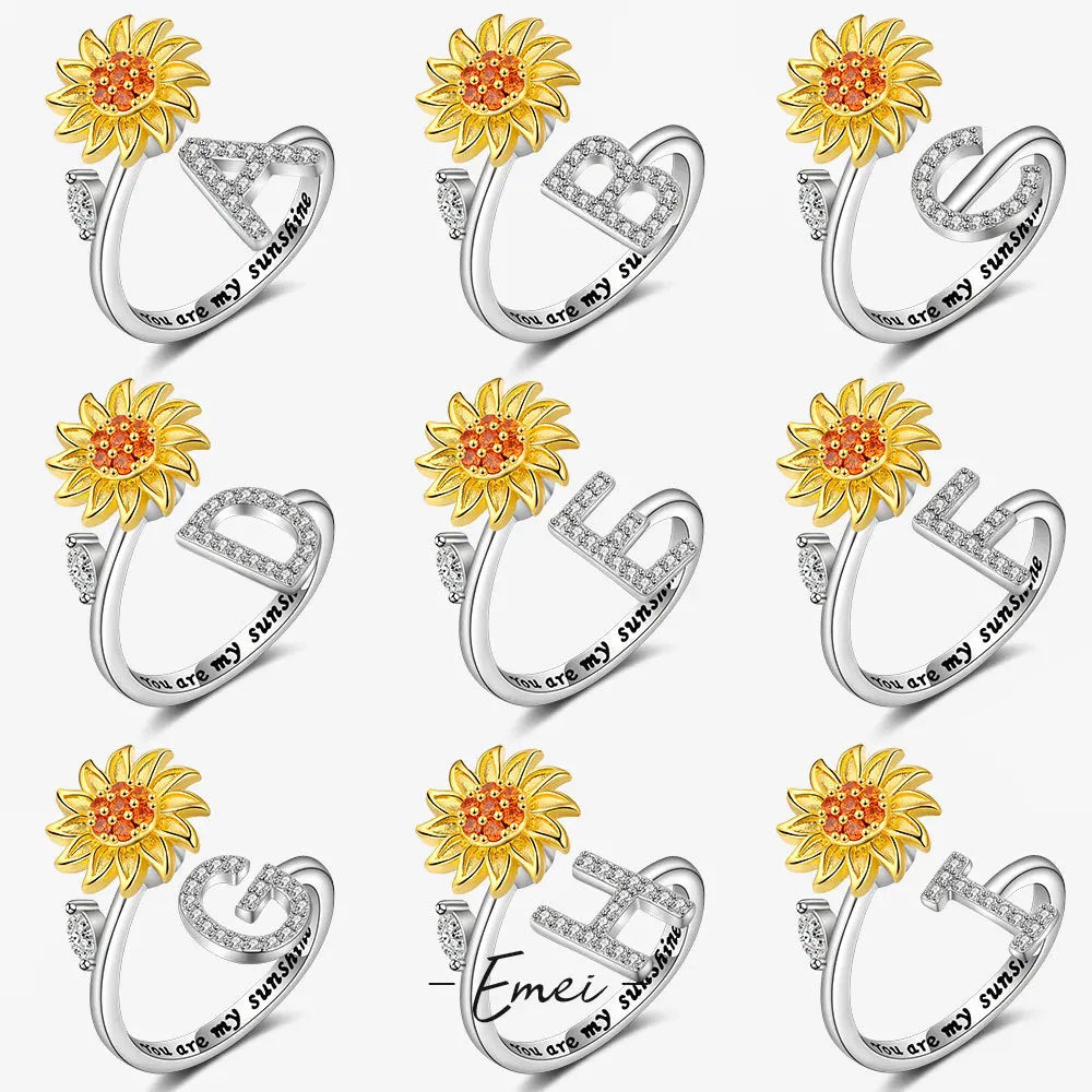 Anti Stress Anxiety Fidget Rings for Women Stainless Steel Sunflower Sun Star Spinner Ring Christmas Jewelry Gifts