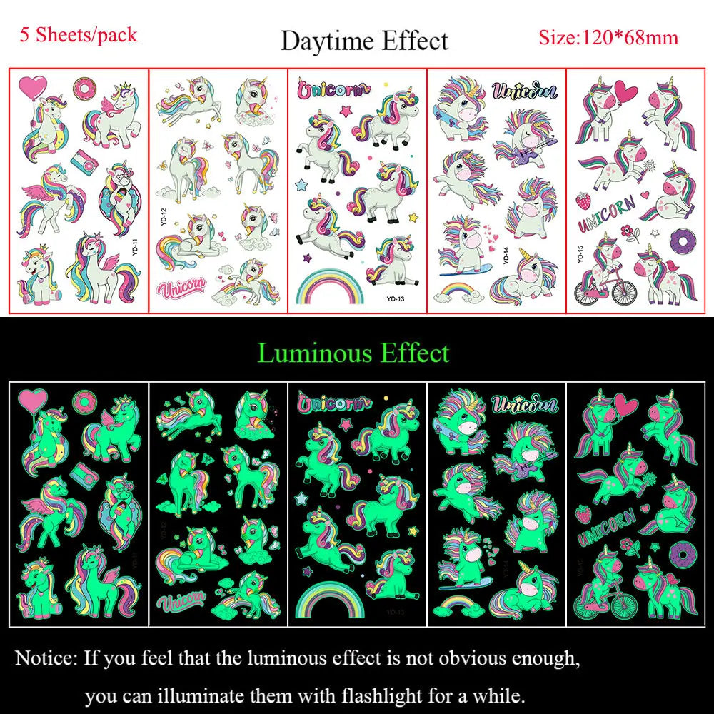 5 Sheets Luminous Tattoo Stickers Temporary Colorful Animal Dinosaur Tattoo Cute Tattoo Stickers Children's Body Tatto