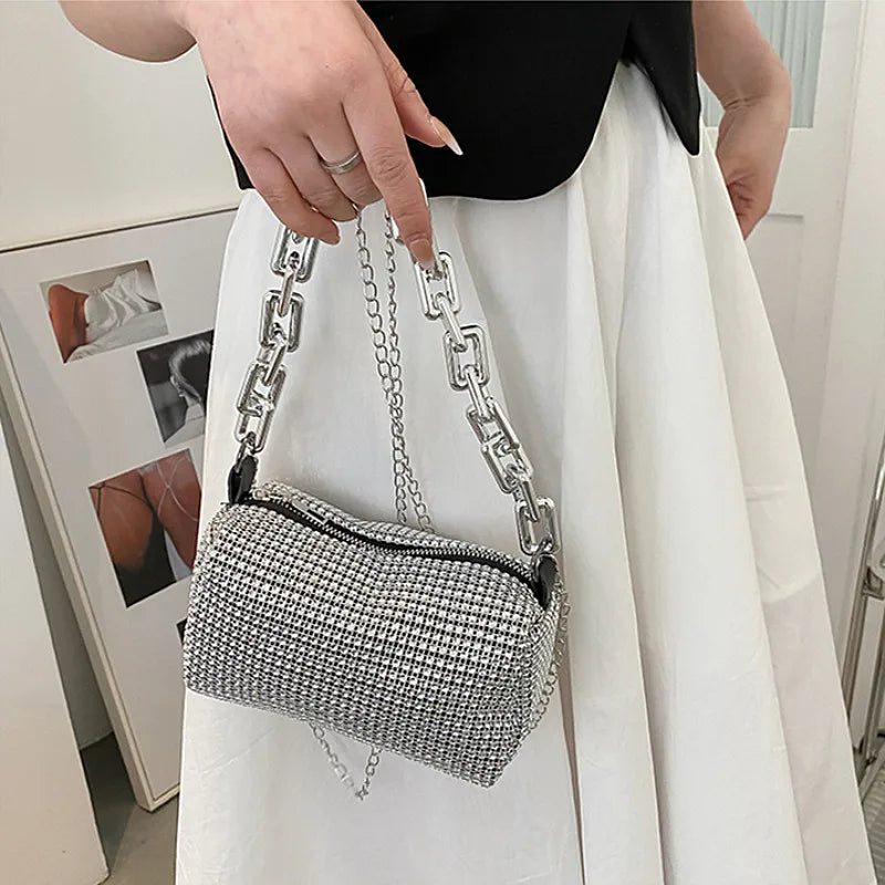 Allover Rhinestone Bucket Bag, Glitter Chain Prom Purse, Women's Mini Crossbody Bag (18cm*13cm*13cm)