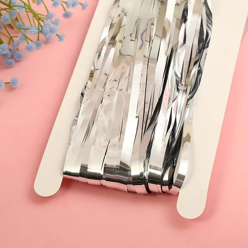 1x2M Silver Rose Gold Rain Tinsel Curtain First Happy Birthday Wedding Decoration Adult Kids Baby Boy Girl 1st One Year Decor