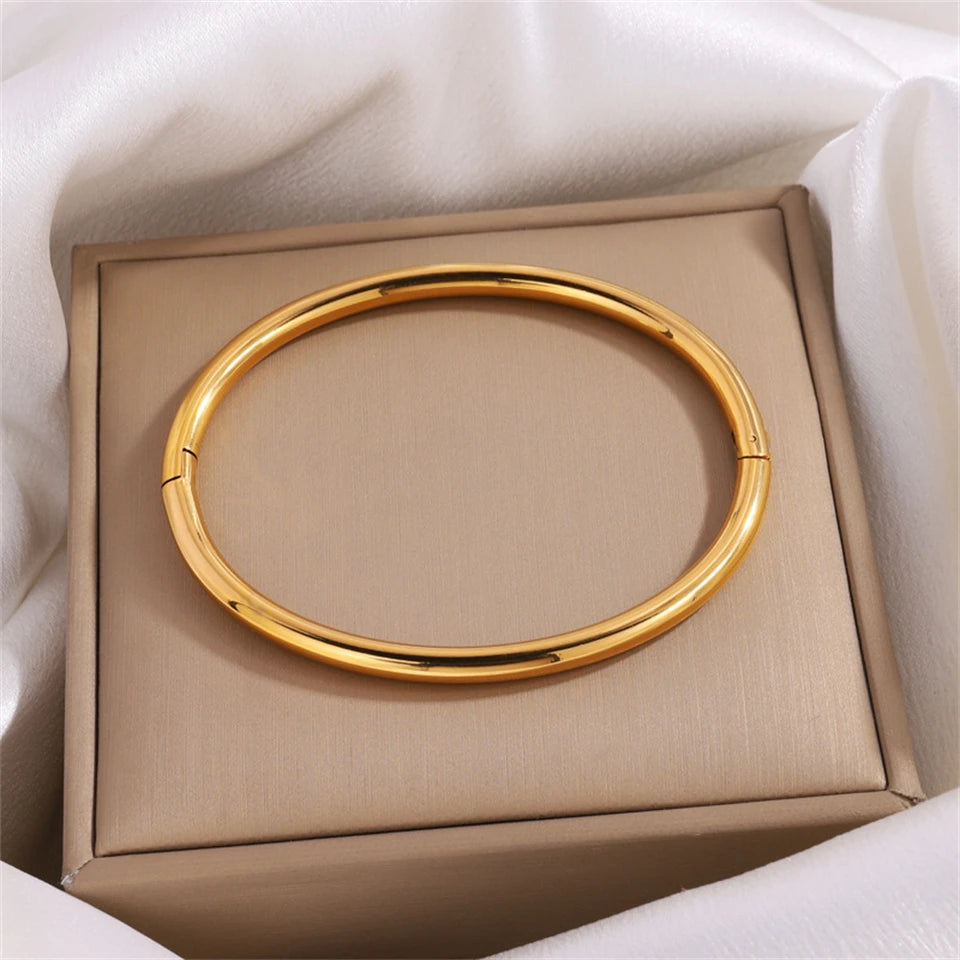 Yupsk Glossy Gold Color Stainless Steel Cuff Bangle for Women Smooth Thin Cylinder Bracelet Exquisite Waterproof Jewelry Gift