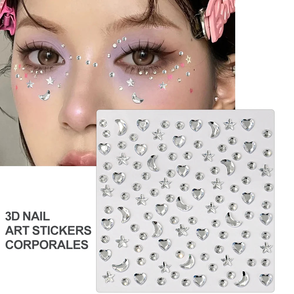 1Pcs Face Diamond Gem Sticker 5D Colorful Rhinestone Tattoo Eyeshadow Stickers fo Festival Nail Body Makeup Bling Jewel DIY Deco