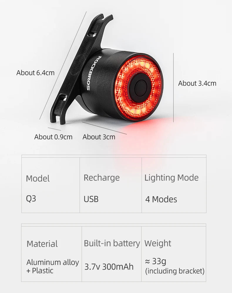 ROCKBROS Smart Brake Bicycle Tail Light MTB Road Seatpost Saddle Bike Rear Light Waterproof USB Charging Cycling Taillight