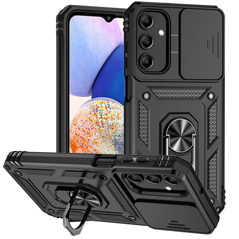 Slide Camera Lens Military Grade Armor Case For Samsung Galaxy A15 A25 A35 A55 5G Phone Holder Ring Stand Cover