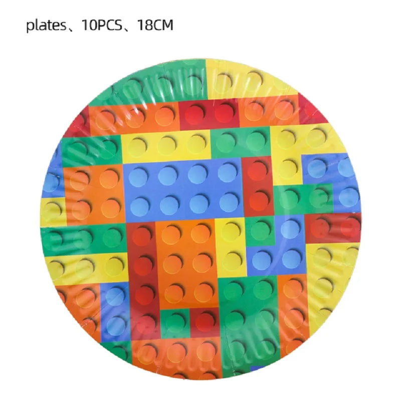 Building Blocks Theme Party Decor Supplies Disposable Tableware Cup Cake Topper Balloon Backdrop For Birthday Party Decoration