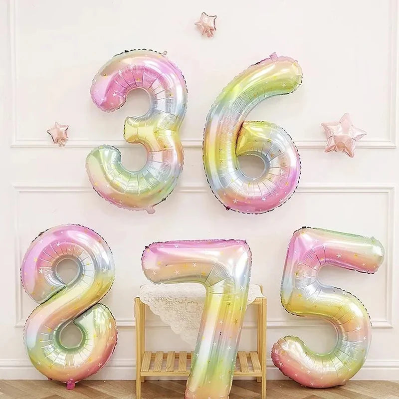 1pc 40inch Pastel Rainbow Number Foil Balloons Star Sky Gradient Digital Balloon Kids Birthday Party Decorations Helium Ball