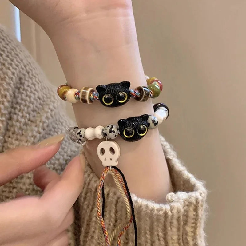 1/2PCS Tassels Big Eye Cat Bracelets for Women Men Sweet Cool Skull Ceramic Beaded Bracelet Aesthetic Party Jewelry Accessories