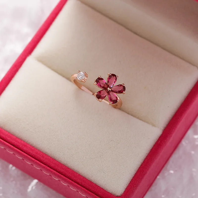 Fashion Crystal Zircon Rings Sweet Flower Leaf Butterfly Adjustable Open Rings Female Wedding Engagement Jewelry Gift