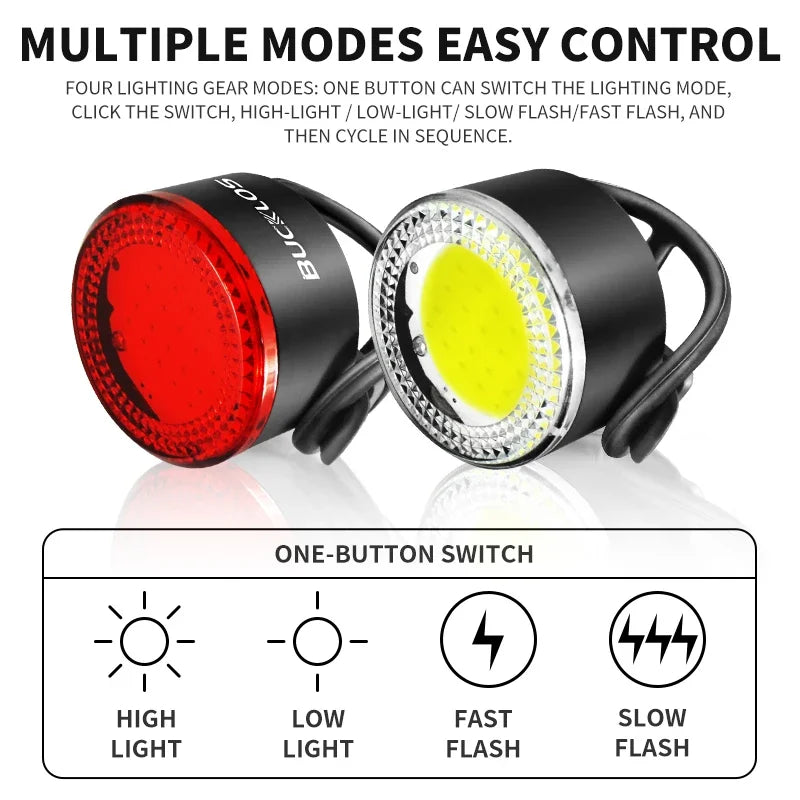 BUCKLOS Bicycle Light Set Highlight COB LED Front Rear Lamp Waterproof USB Rechargeable Bike Taillights Cycling Safety Headlight