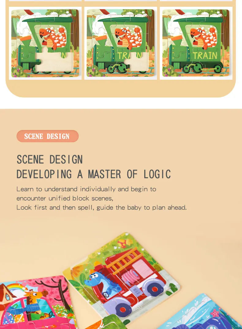 9 Piece Small Wooden Puzzle Cartoon Animal Vehicle 11x11cm Wood 3d Puzzle Montessori Educational Toys For Kids Gifts