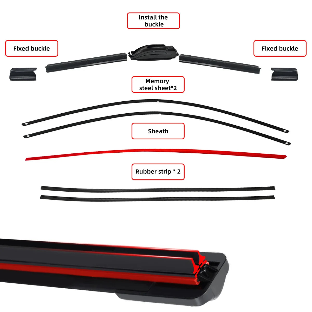 Automotive universal J/U hook double rubber strip wiper blade boneless wiper blade 14 "16" 18 "19" 20 "21" 22 "24" 26“