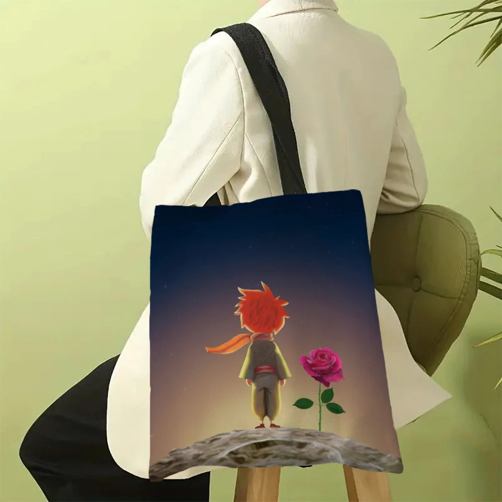 Linen Bag The Little Prince Series Print Lightweight Shoulder Bag Versatile Shopping Bag Holder Handbag