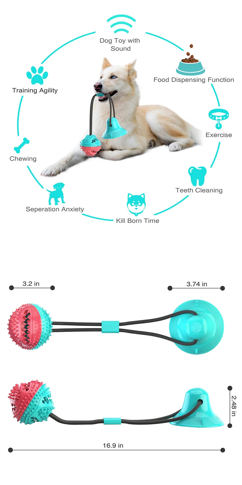Large Dog Ball Toys Suction Cup Ropes Interactive Leaking Slow Feeder Chew Toy Toothing Clean Big Golden Retriever Pet Supplies