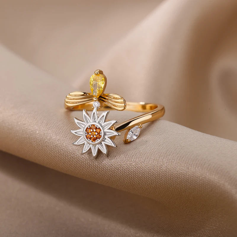 Anti Stress Anxiety Fidget Rings for Women Stainless Steel Sunflower Sun Star Spinner Ring Christmas Jewelry Gifts