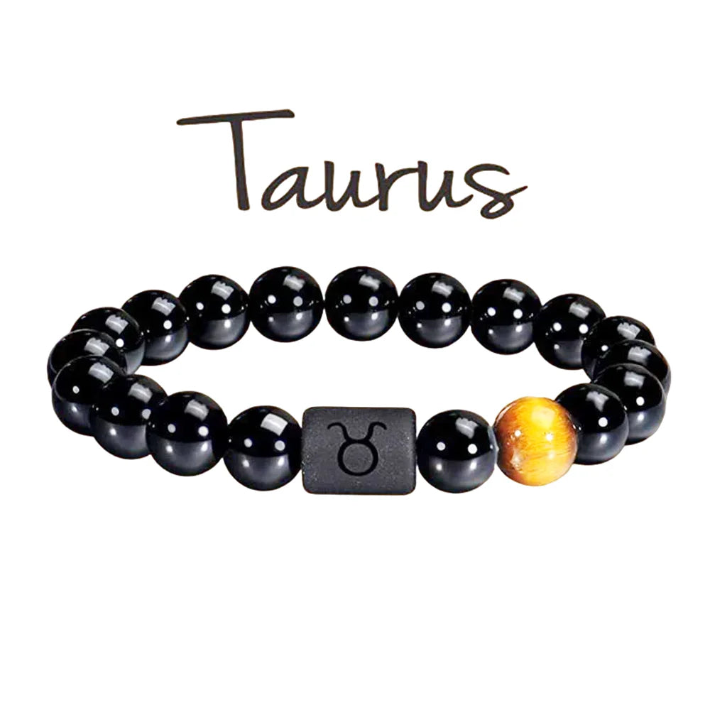 FTCY 10mm Zodiac Yellow Tiger Eye Stone Bracelet for Men Women Black Agate Crystal Elastic Cord Hand Chains Couple’s Jewelry