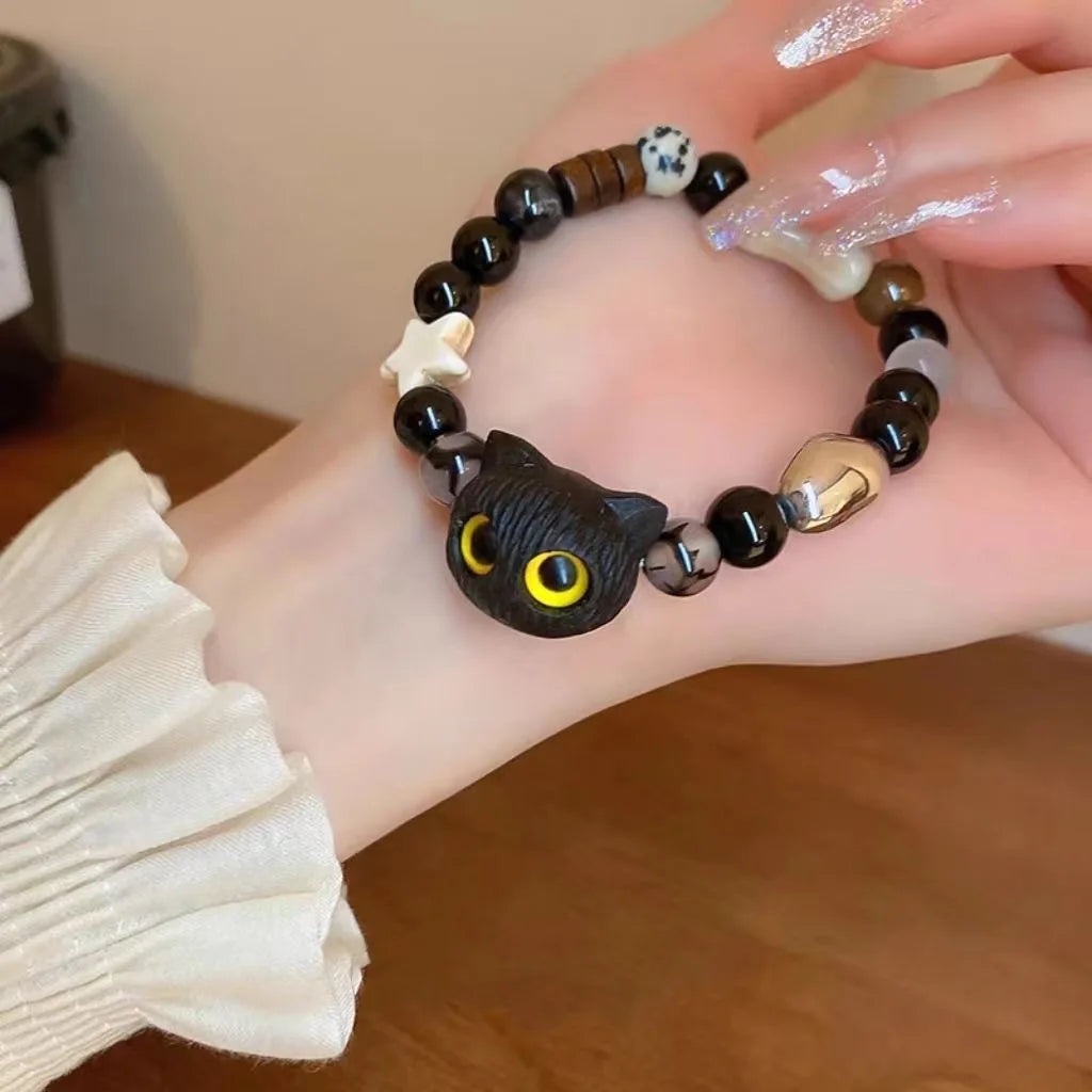 Cute Cat Bracelet For Women Funny Black Cat Bead Adjustable Braided Rope Charm Bracelets For Couple Friends Harajuku Jewelry