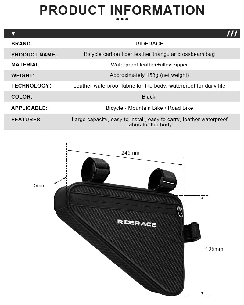 RIDERACE Waterproof Cycling Tube Bags 1.5L MTB Road Bike Triangle Bag Cycling Frame Front Bags Repair Tools Pannier Bicycle Bag