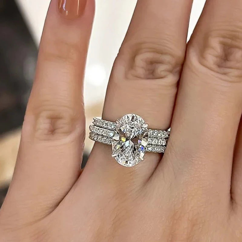 Oval Cubic Zirconia 3Pcs Set Rings for Women Silver Color Dazzling Bridal Wedding Rings Anniversary Party Trendy Jewelry