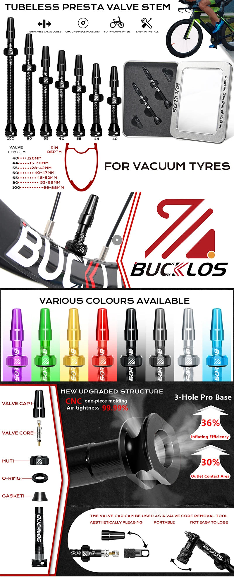 BUCKLOS 40mm/44mm Tubeless Presta Valve F/V CNC Anodized Aluminum Alloy Bicycle Valve Road Bike Tubeless Tire Valve Cycling Part